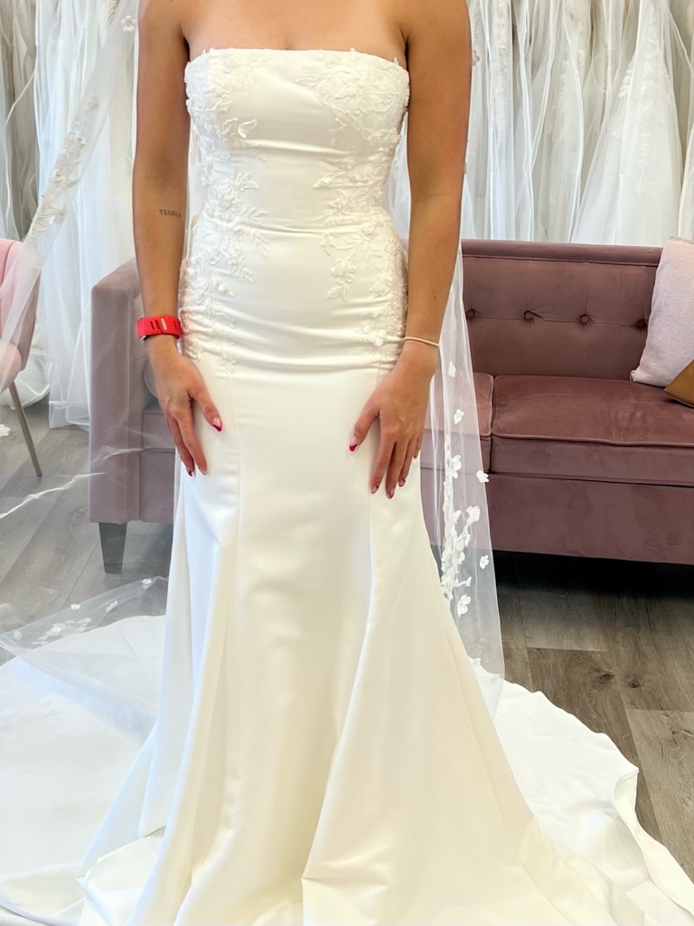 Strapless White Wedding Dress with Floral Appliqué